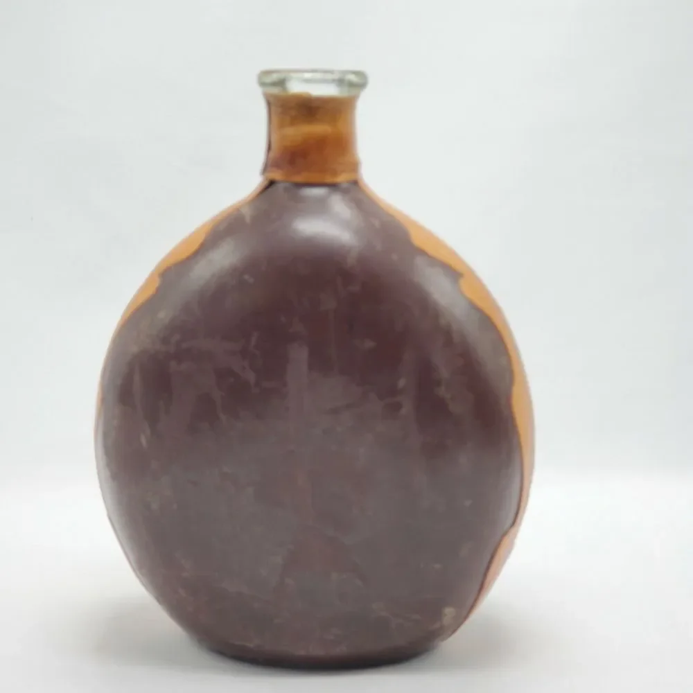 Vintage Italian Leather‎ Wrapped Decanter Bottle With Lions Head Knocker No Top